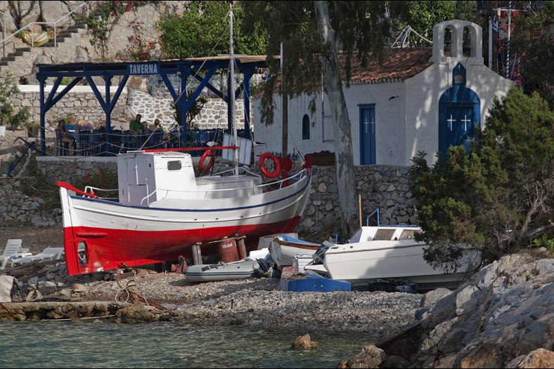 Boat, tavern and church.